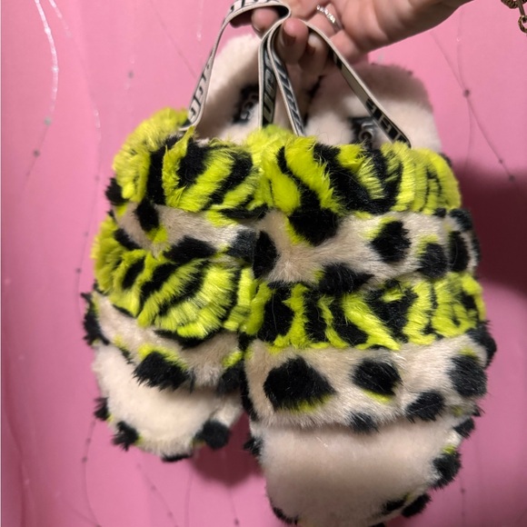 UGG Neon Yellow and Black Fuzzy Slippers - Picture 2 of 4